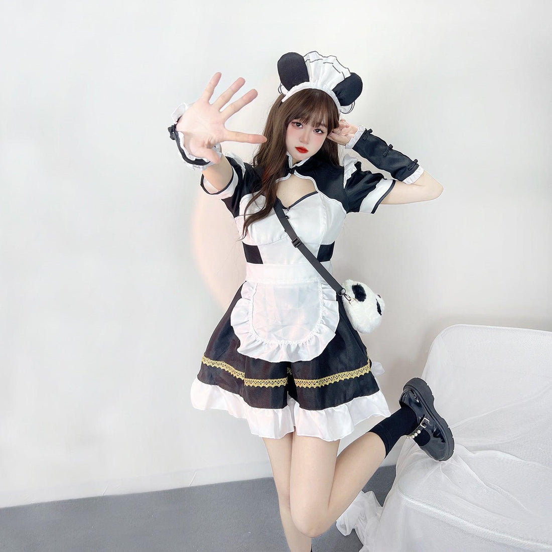 Black and White Panda Girl Anime Maid Outfit Lolita Dress Cute Fancy Dress Cosplay Costume