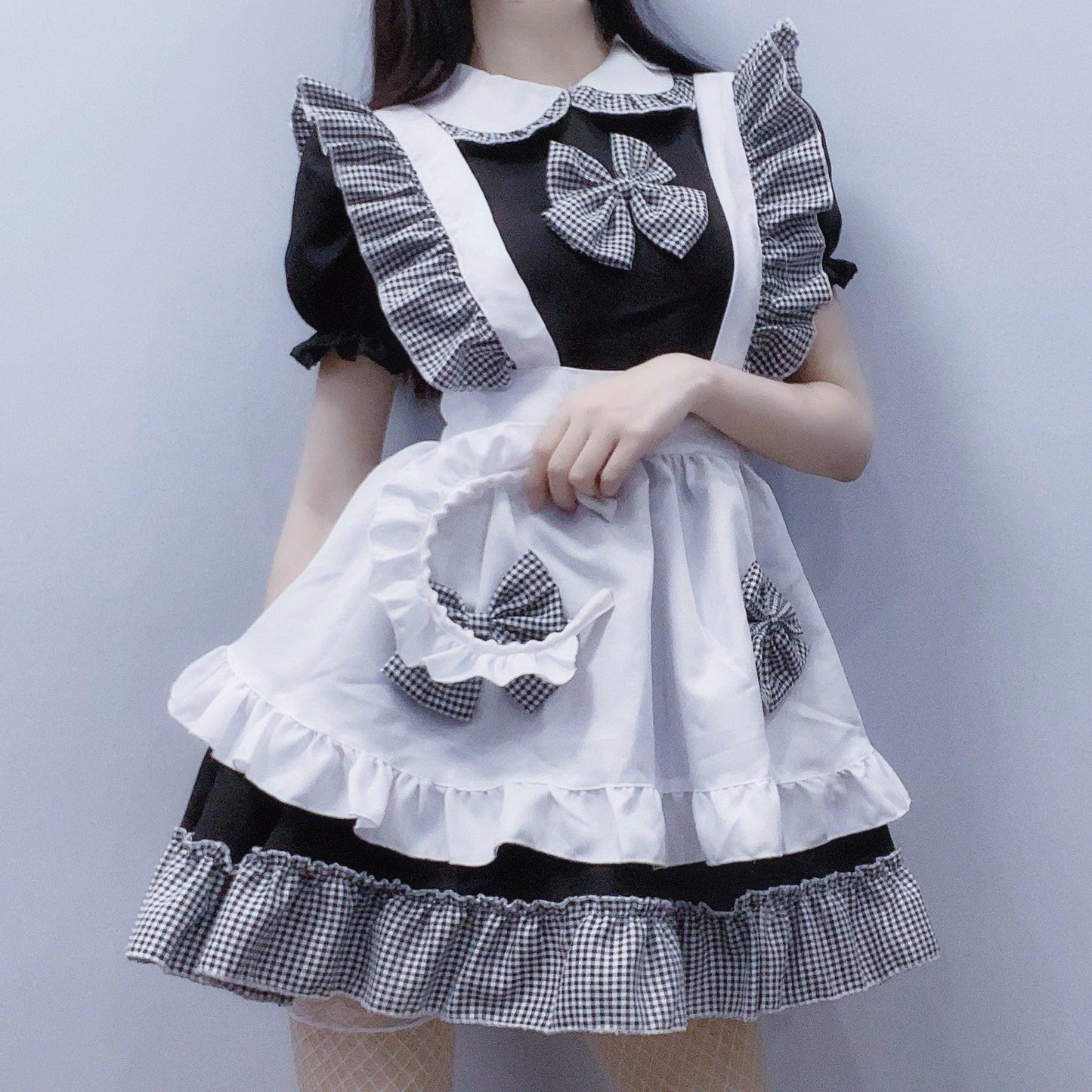 Celebrity Cat Girl Black White Plaid Maid Outfit Lolita Dress Fancy Cosplay Costume
