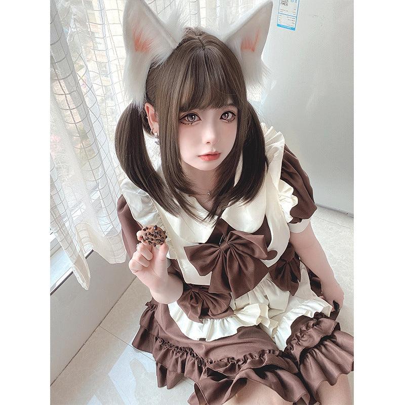 Brown Cute Cafe Maid Waiter Maid Outfit Lolita Dress Fancy Cross Dress CD Cosplay Costume