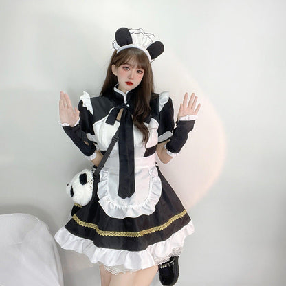Black and White Panda Girl Anime Maid Outfit Lolita Dress Cute Fancy Dress Cosplay Costume