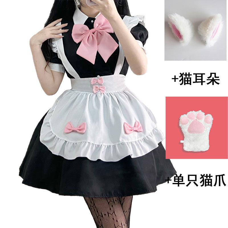 Black and White Maid Outfit Lolita Dress with Pink Bows Japanese Dress Cosplay Costume