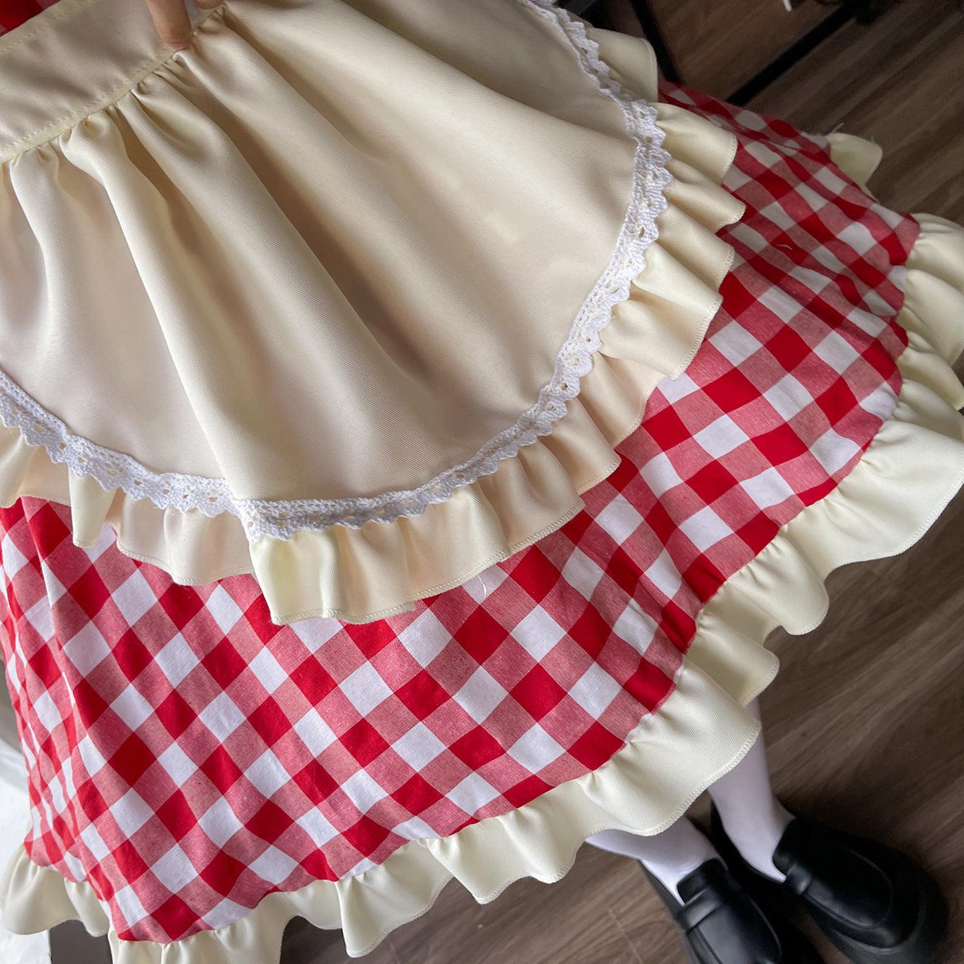 Black Red Grid Large Size Maid Outfit Lolita Dress Crossdresser Cute Fancy Cosplay Costume