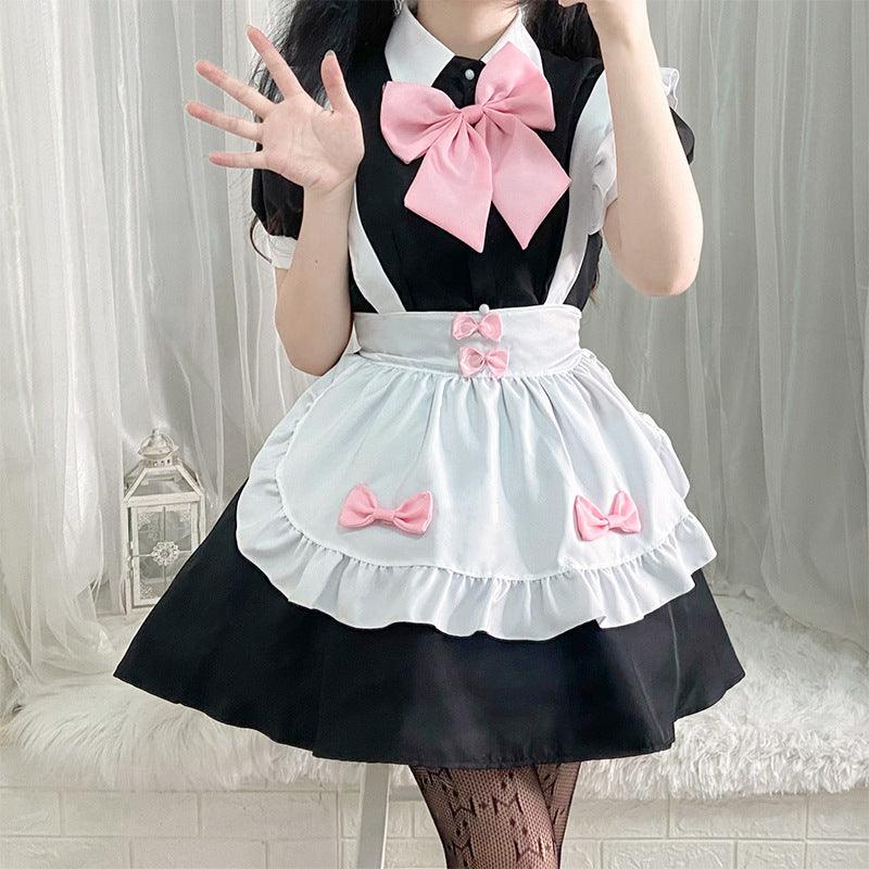 Black and White Maid Outfit Lolita Dress with Pink Bows Japanese Dress Cosplay Costume
