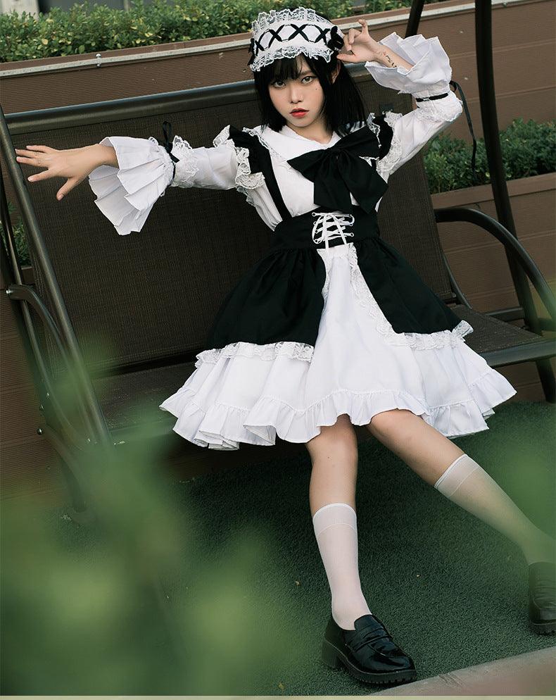 Black White Coffee Waitress Maid Outfit Lolita Dress Cross Dress CD Fancy Cosplay Costume