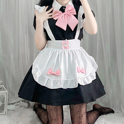 Black and White Maid Outfit Lolita Dress with Pink Bows Japanese Dress Cosplay Costume