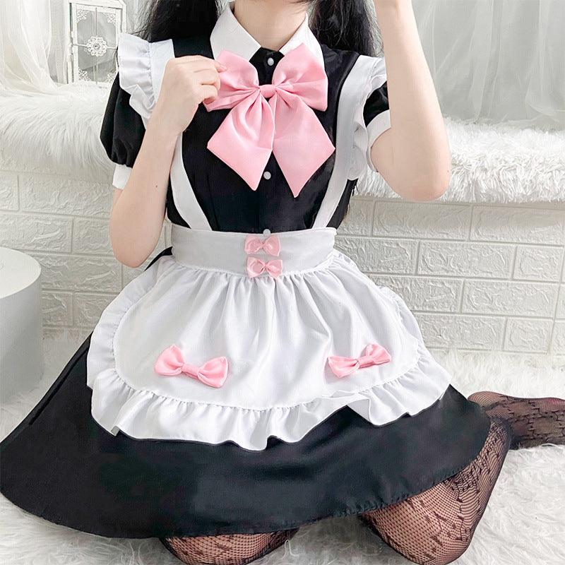 Black and White Maid Outfit Lolita Dress with Pink Bows Japanese Dress Cosplay Costume