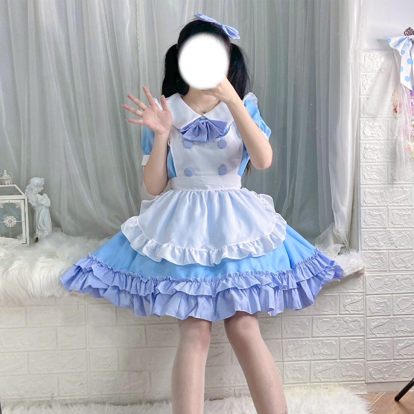 Light Blue White Anime Maid Outfit Lolita Dress Japanese Cute Fancy Dress Cosplay Costume