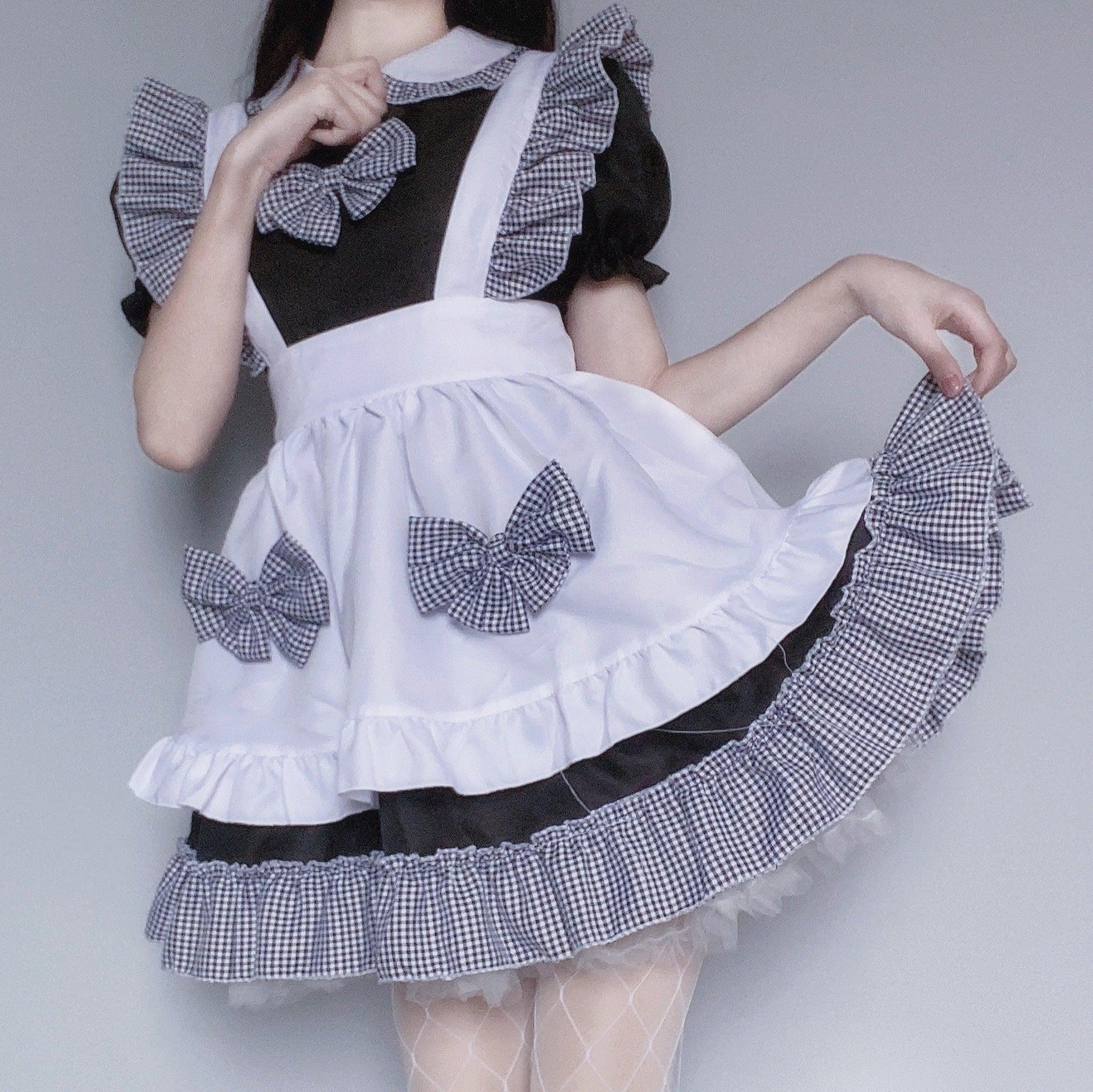 Celebrity Cat Girl Black White Plaid Maid Outfit Lolita Dress Fancy Cosplay Costume