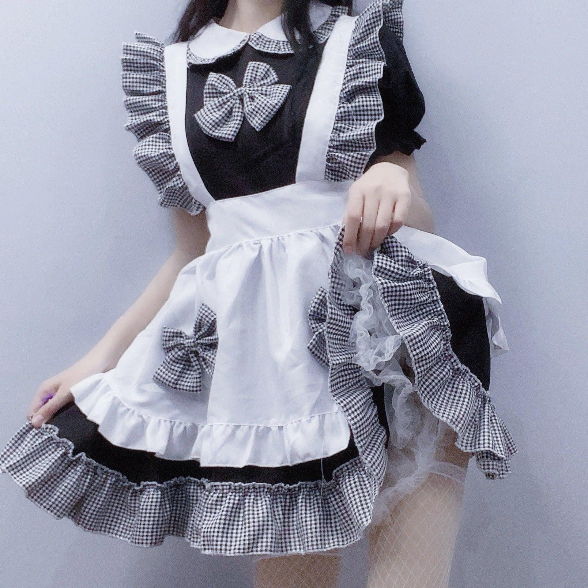 Celebrity Cat Girl Black White Plaid Maid Outfit Lolita Dress Fancy Cosplay Costume