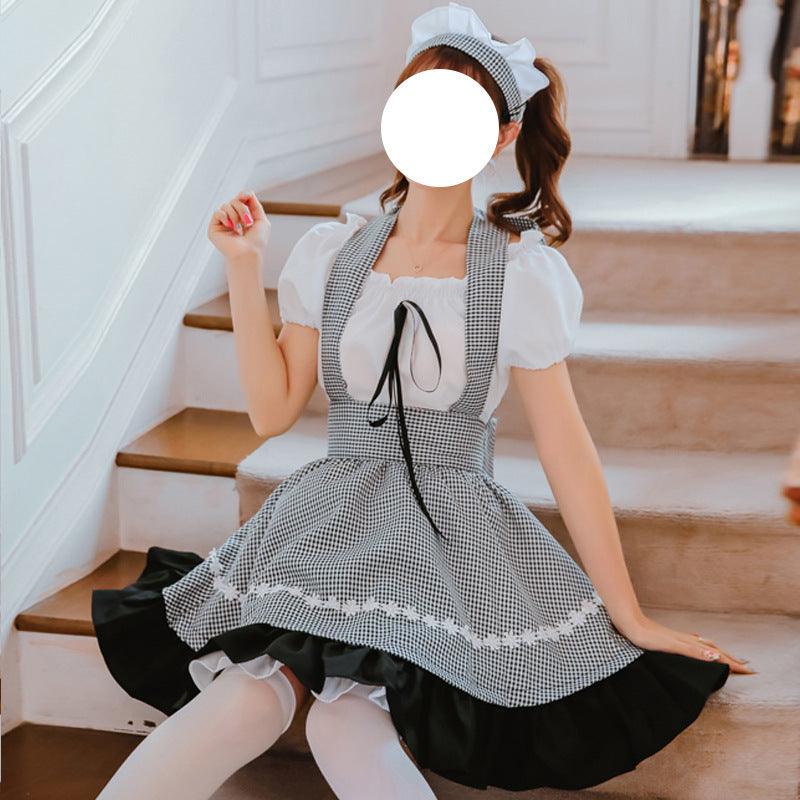 Black and White Plaid Maid Outfit Lolita Dress Kitchen Girl Daily Dress Cosplay Costume