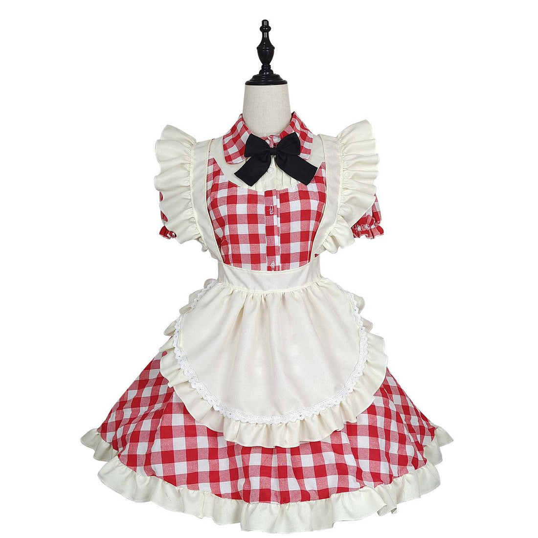 Black Red Grid Large Size Maid Outfit Lolita Dress Crossdresser Cute Fancy Cosplay Costume