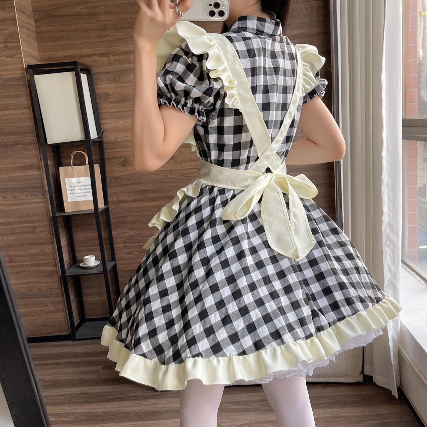 Black Red Grid Large Size Maid Outfit Lolita Dress Crossdresser Cute Fancy Cosplay Costume