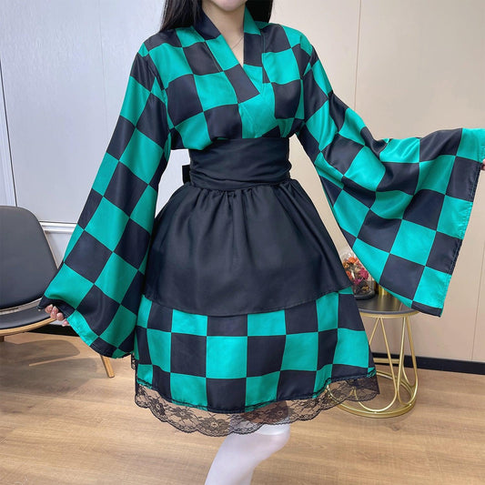 Demon Slayer Kamado Tanjirou Kimono Maid Outfit Lolita Dress Fancy Dress Cosplay Costume