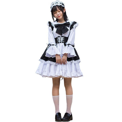 Black White Coffee Waitress Maid Outfit Lolita Dress Cross Dress CD Fancy Cosplay Costume