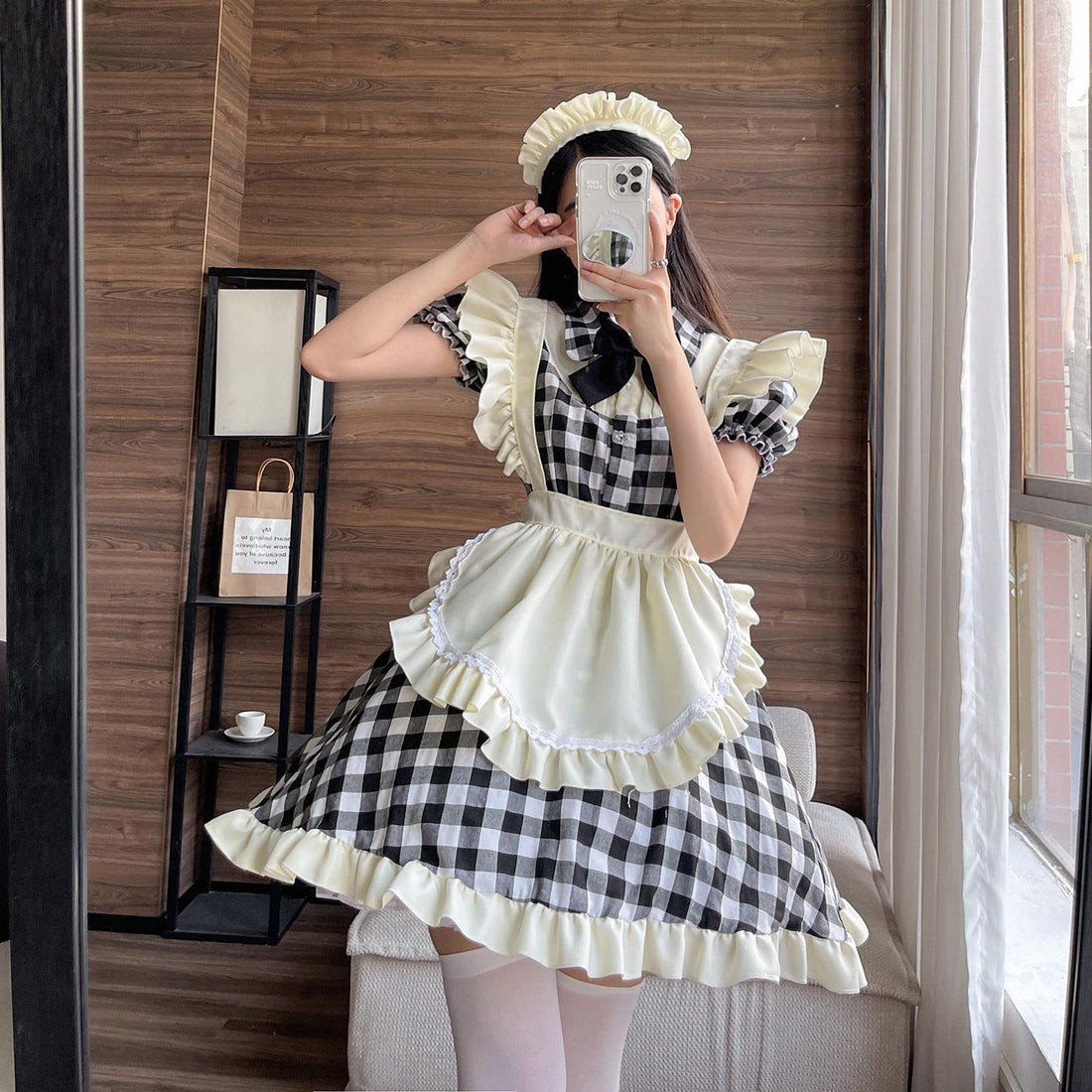 Black Red Grid Large Size Maid Outfit Lolita Dress Crossdresser Cute Fancy Cosplay Costume