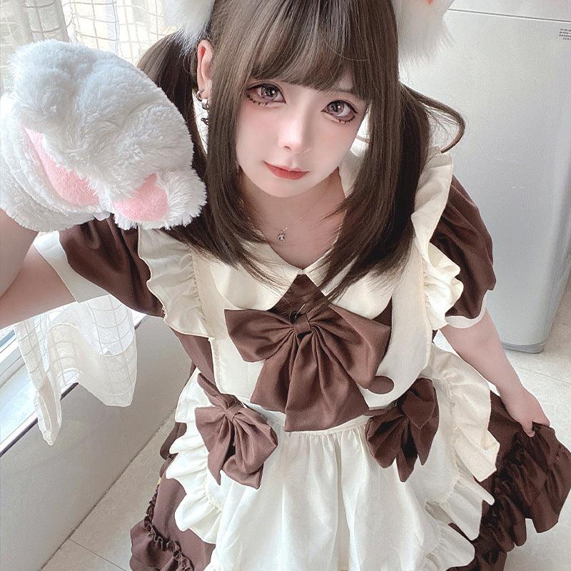 Brown Cute Cafe Maid Waiter Maid Outfit Lolita Dress Fancy Cross Dress CD Cosplay Costume
