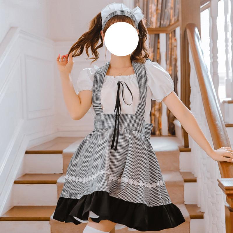 Black and White Plaid Maid Outfit Lolita Dress Kitchen Girl Daily Dress Cosplay Costume