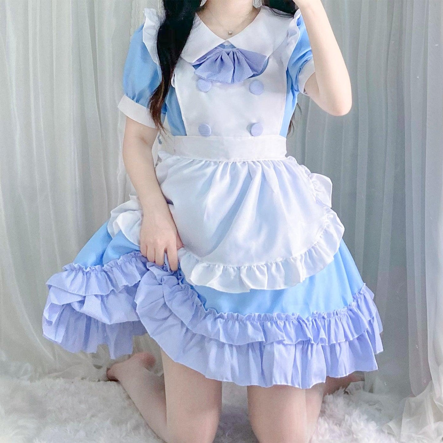Light Blue White Anime Maid Outfit Lolita Dress Japanese Cute Fancy Dress Cosplay Costume