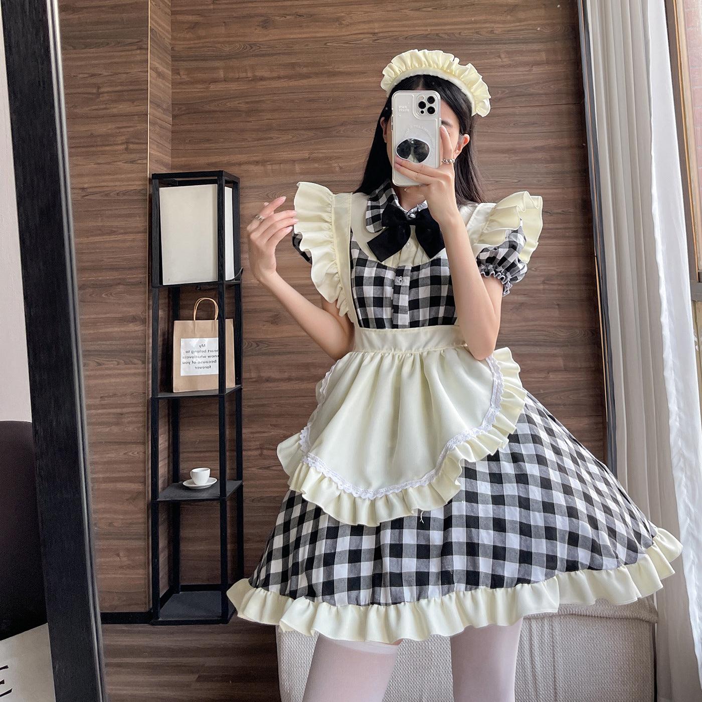 Black Red Grid Large Size Maid Outfit Lolita Dress Crossdresser Cute Fancy Cosplay Costume