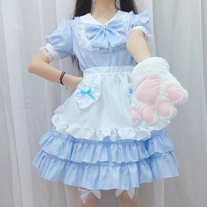 Light Sky Blue Summer Puffs Maid Outfit Lolita Dress Japanese Fancy Dress Cosplay Costume