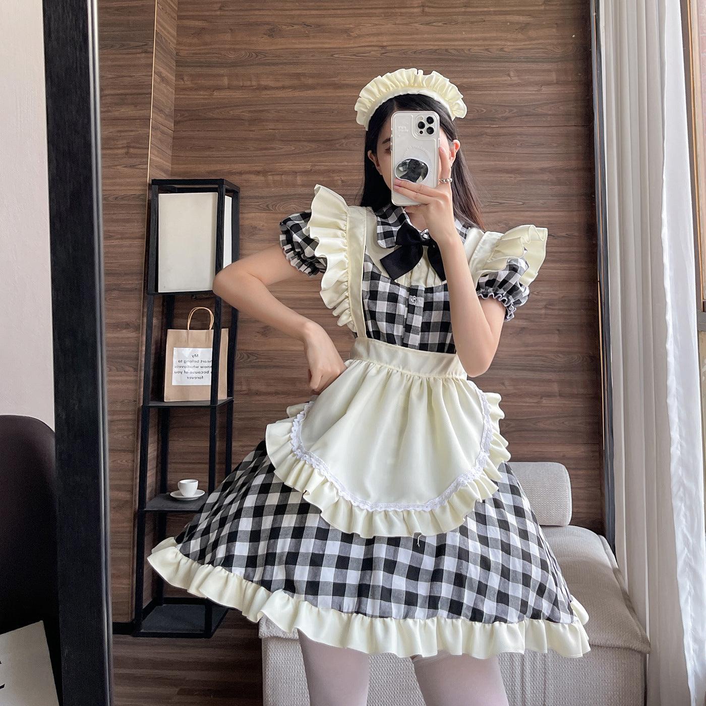Black Red Grid Large Size Maid Outfit Lolita Dress Crossdresser Cute Fancy Cosplay Costume