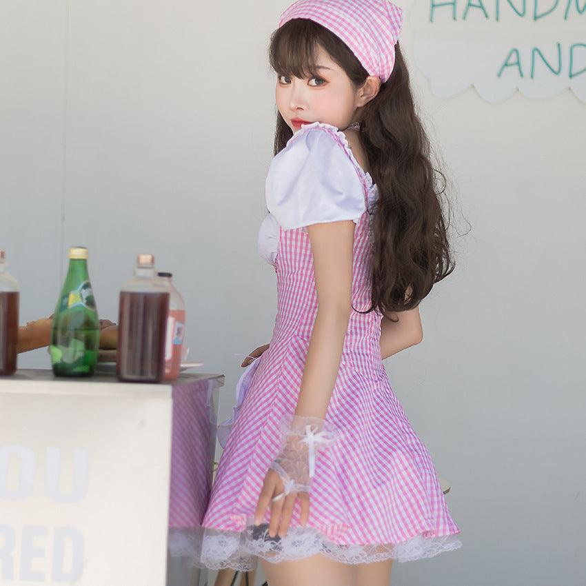 Coffee Waitress Japanese Lolita Daily Plaid Maid Outfit Lolita Dress Fancy Cosplay Costume