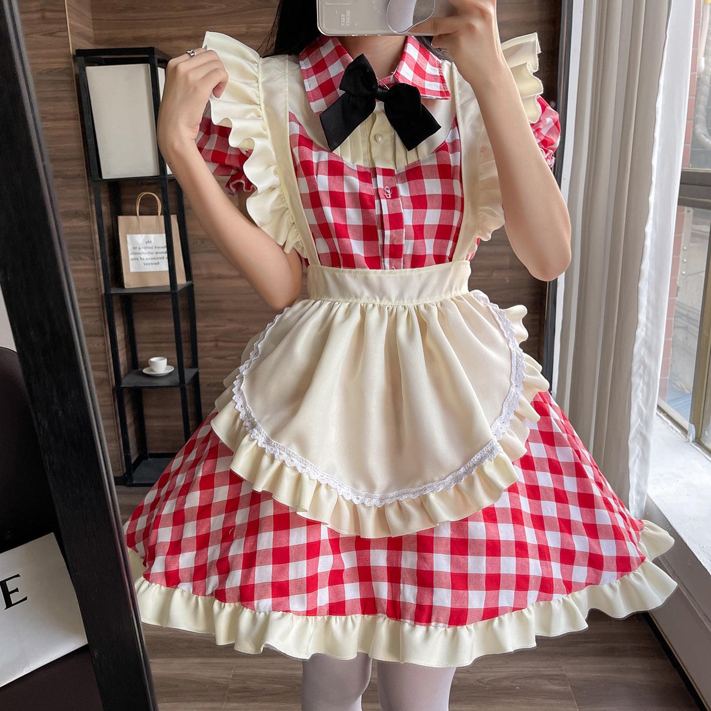 Black Red Grid Large Size Maid Outfit Lolita Dress Crossdresser Cute Fancy Cosplay Costume