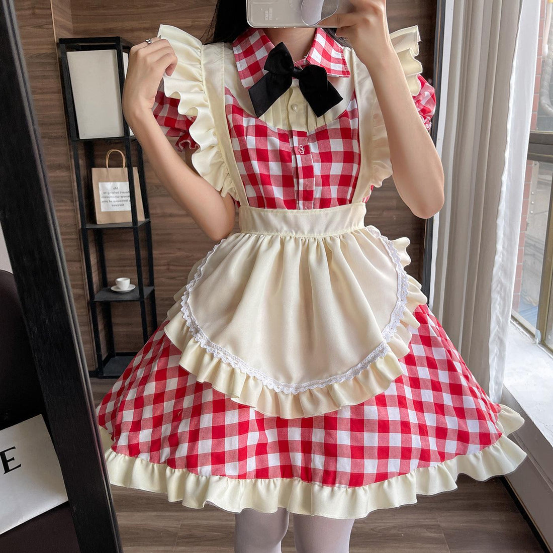 Black Red Grid Large Size Maid Outfit Lolita Dress Crossdresser Cute Fancy Cosplay Costume
