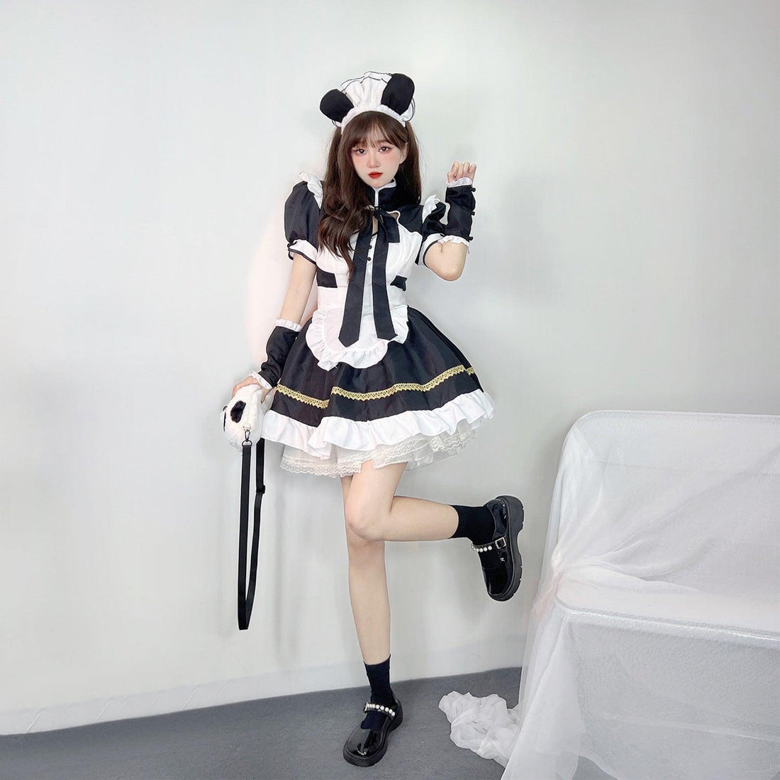 Black and White Panda Girl Anime Maid Outfit Lolita Dress Cute Fancy Dress Cosplay Costume