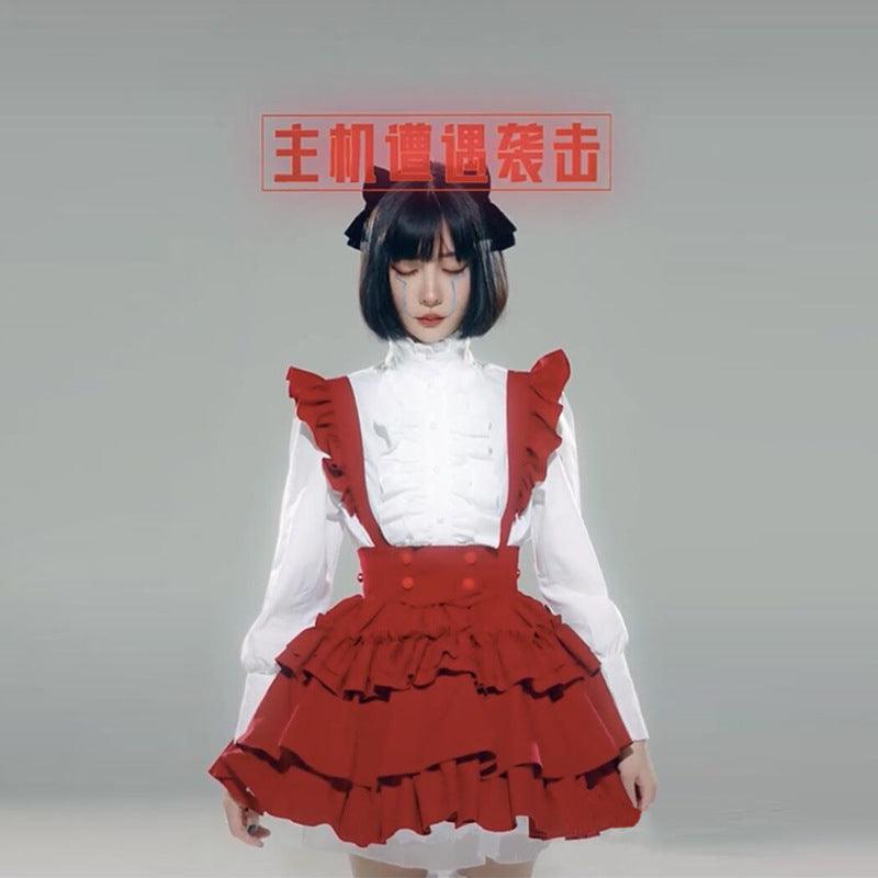 Cyberpunk Mechanic Queen Gothic Lolita Skirt Maid Outfit Fancy Red Dress Cosplay Costume