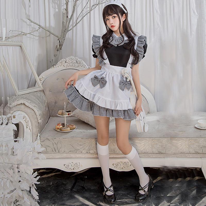 Halloween Kitchen Girl Black White Plaid Maid Outfit Lolita Dress Fancy Cosplay Costume