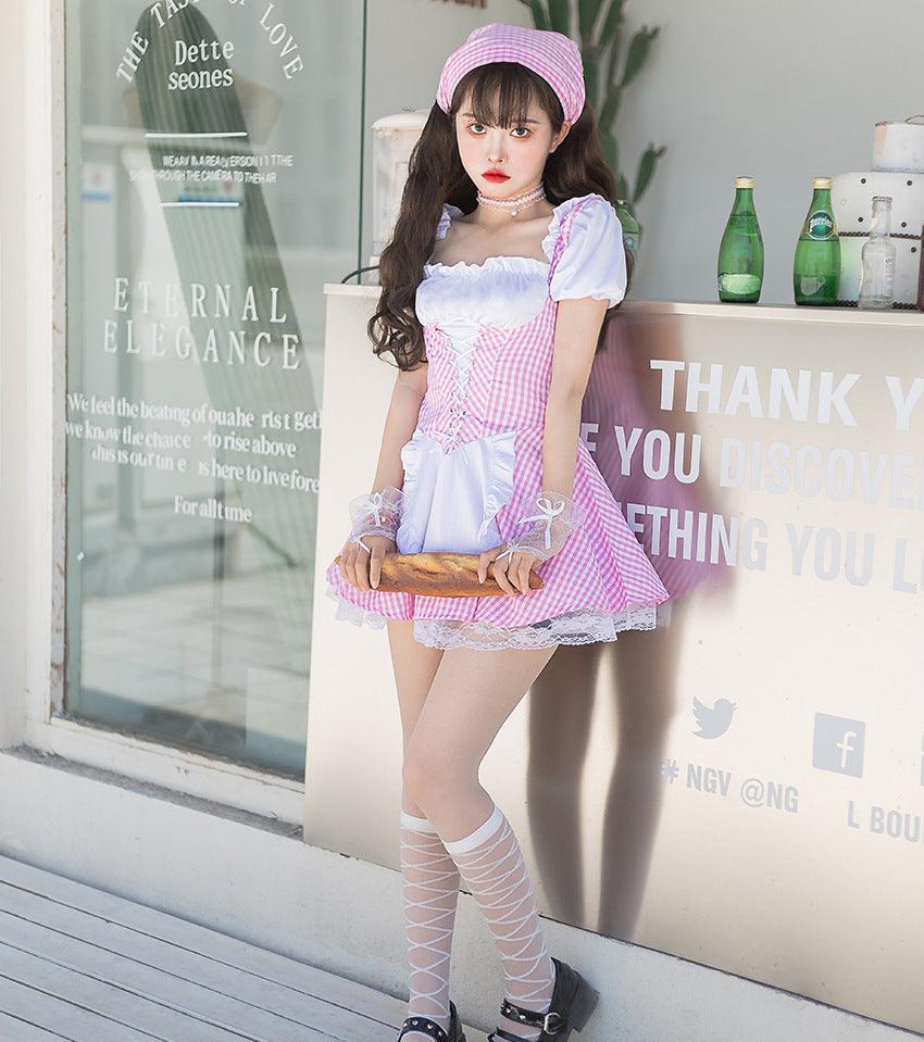 Coffee Waitress Japanese Lolita Daily Plaid Maid Outfit Lolita Dress Fancy Cosplay Costume