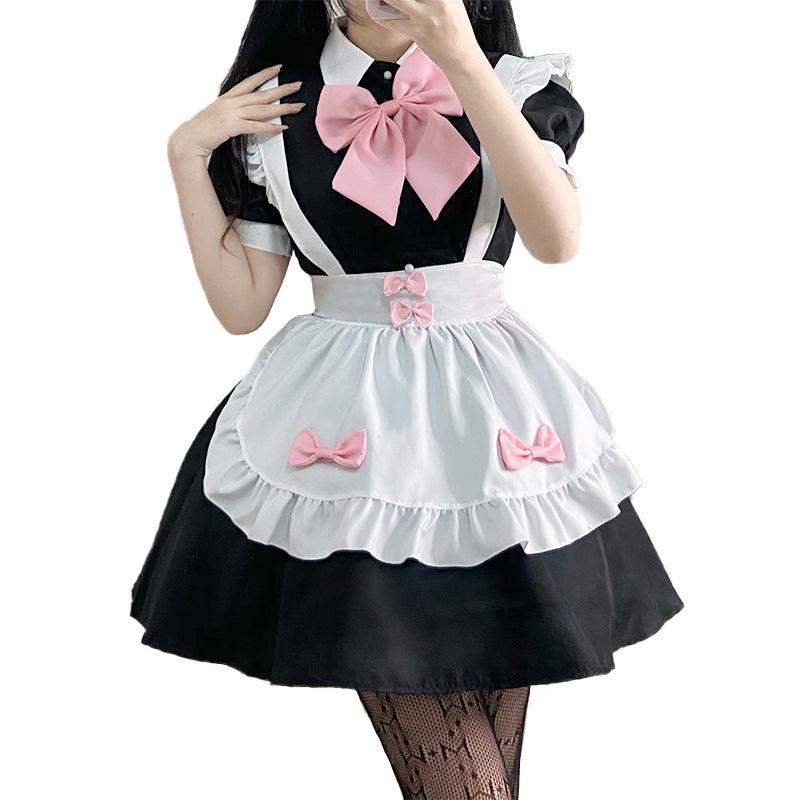 Black and White Maid Outfit Lolita Dress with Pink Bows Japanese Dress Cosplay Costume