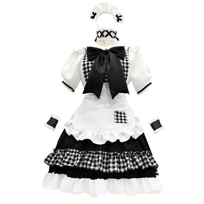 Cat Girl Uniform Black Red Plaid Maid Outfit Lolita Dress Cute Fancy Cosplay Costume
