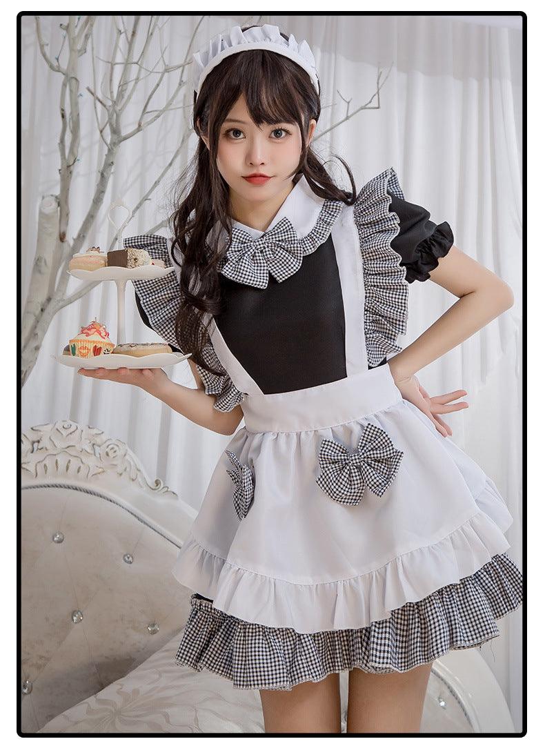 Halloween Kitchen Girl Black White Plaid Maid Outfit Lolita Dress Fancy Cosplay Costume