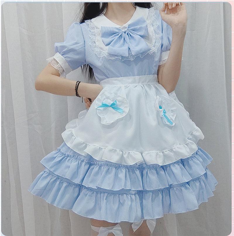 Light Sky Blue Summer Puffs Maid Outfit Lolita Dress Japanese Fancy Dress Cosplay Costume
