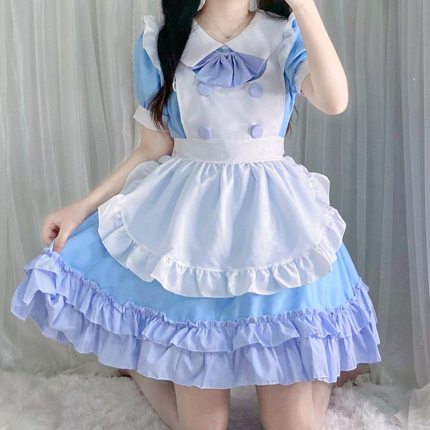 Light Blue White Anime Maid Outfit Lolita Dress Japanese Cute Fancy Dress Cosplay Costume