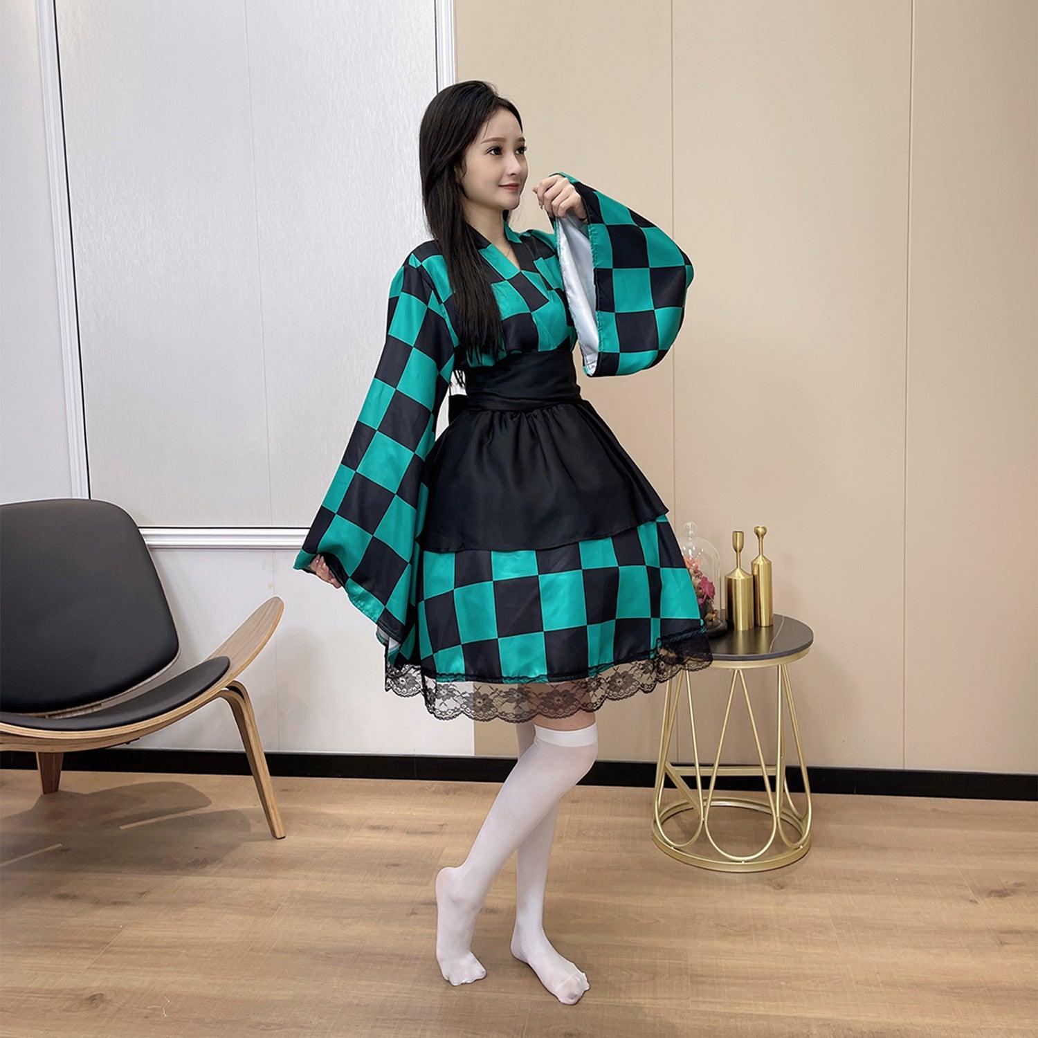 Demon Slayer Kamado Tanjirou Kimono Maid Outfit Lolita Dress Fancy Dress Cosplay Costume