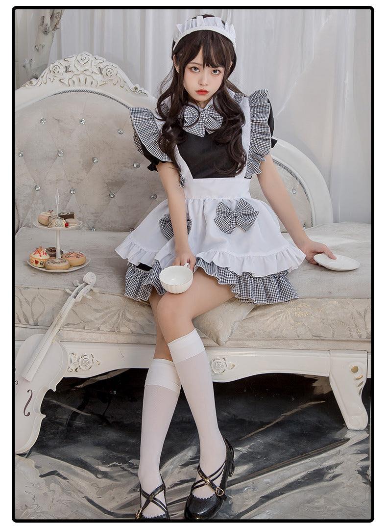 Halloween Kitchen Girl Black White Plaid Maid Outfit Lolita Dress Fancy Cosplay Costume