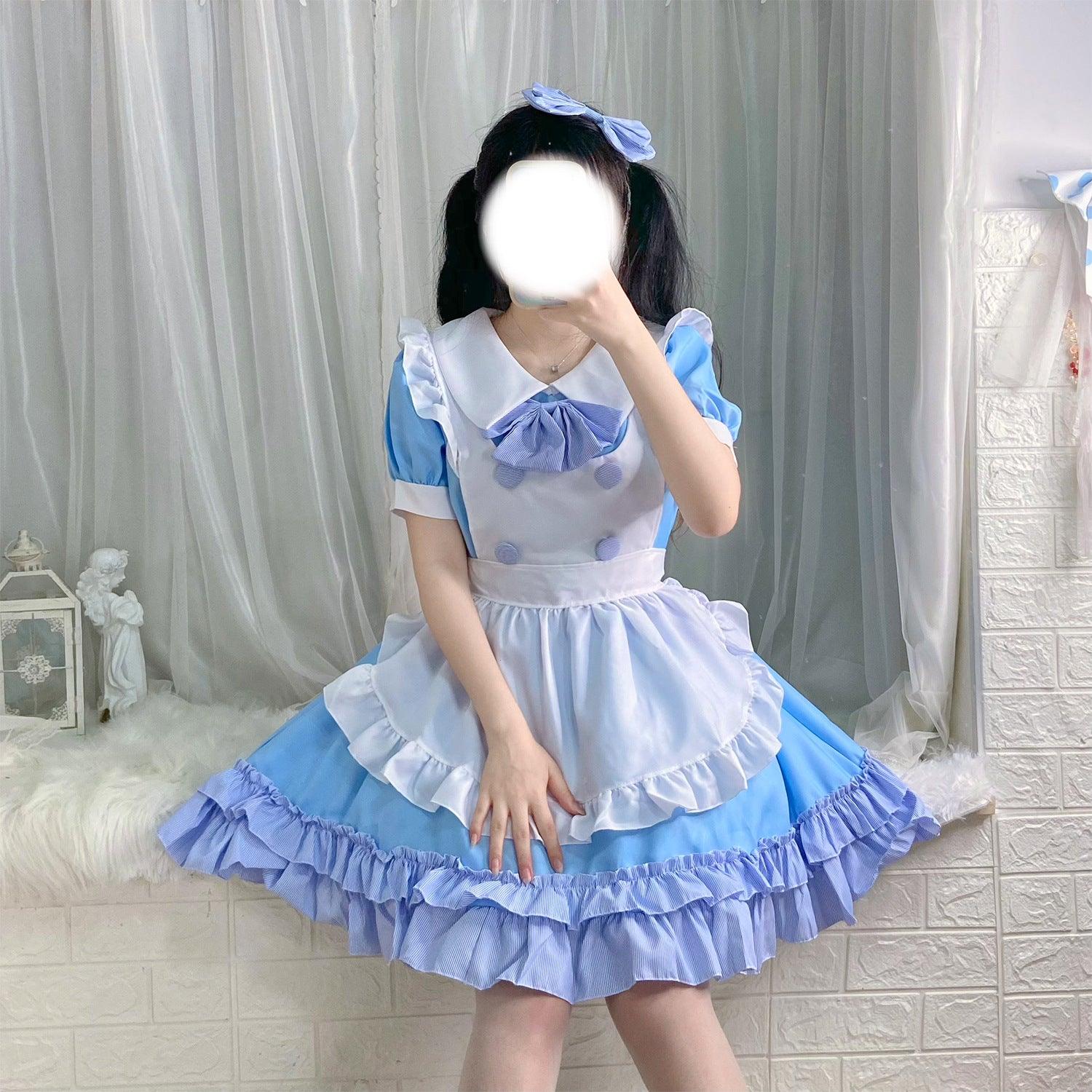 Light Blue White Anime Maid Outfit Lolita Dress Japanese Cute Fancy Dress Cosplay Costume