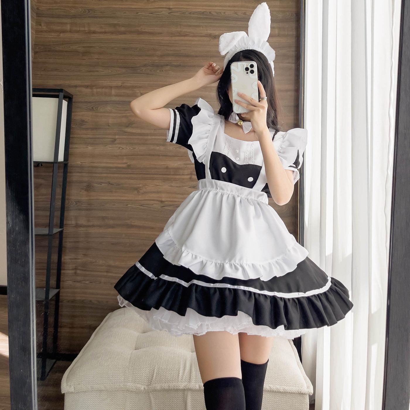 Bunny Ears Black White Large Maid Outfit Lolita Dress Anime Game Fancy Cosplay Costume