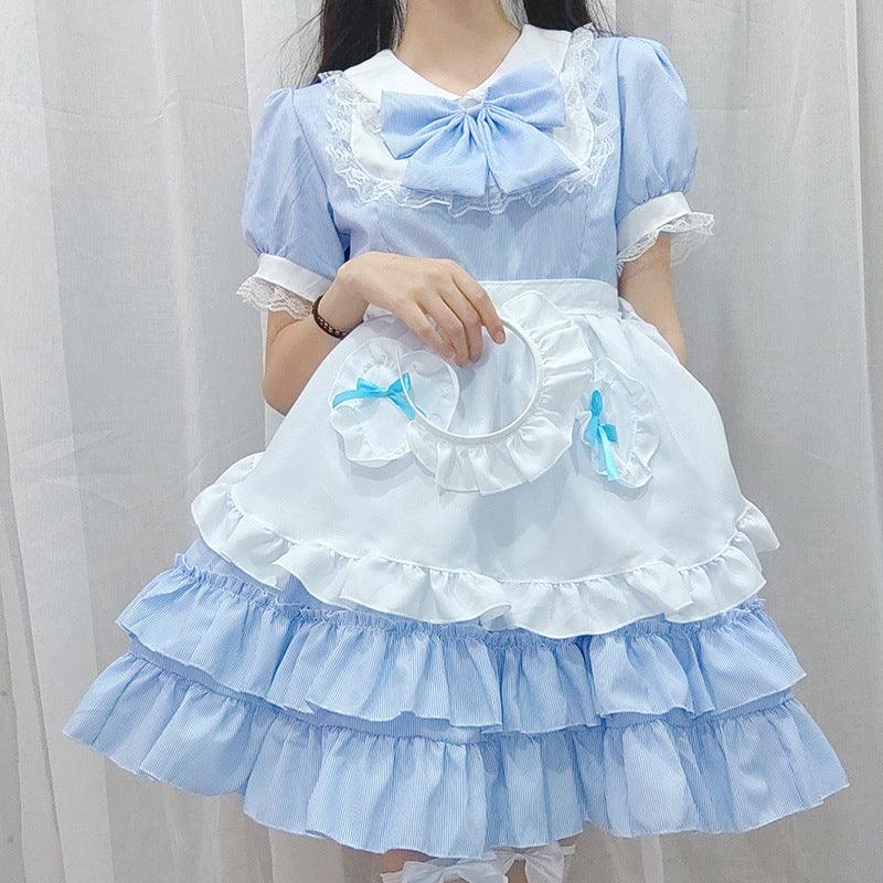 Light Sky Blue Summer Puffs Maid Outfit Lolita Dress Japanese Fancy Dress Cosplay Costume