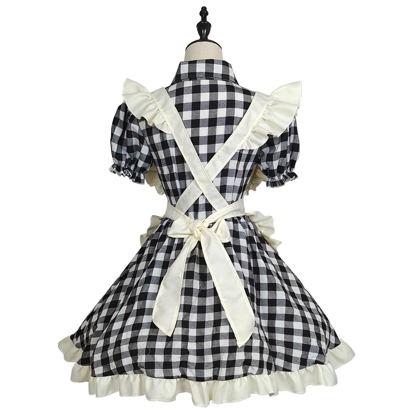 Black Red Grid Large Size Maid Outfit Lolita Dress Crossdresser Cute Fancy Cosplay Costume