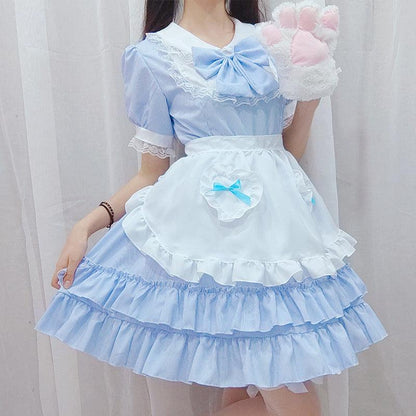 Light Sky Blue Summer Puffs Maid Outfit Lolita Dress Japanese Fancy Dress Cosplay Costume