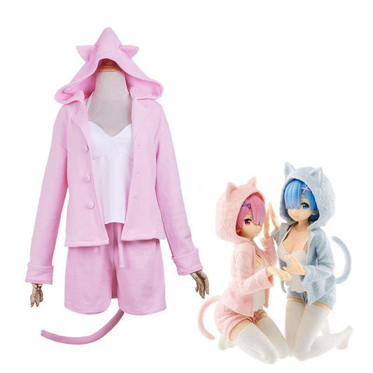 Anime Re:Zero Starting Life in Another World Rem and Ram Cat Pajamas Cosplay Costume